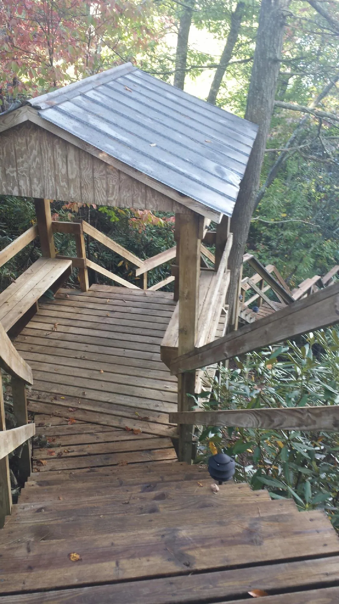 Metal roofed shelter over wooden steps on a wooded walkway — Skylight Repair & Installation work by our crew in Turlock